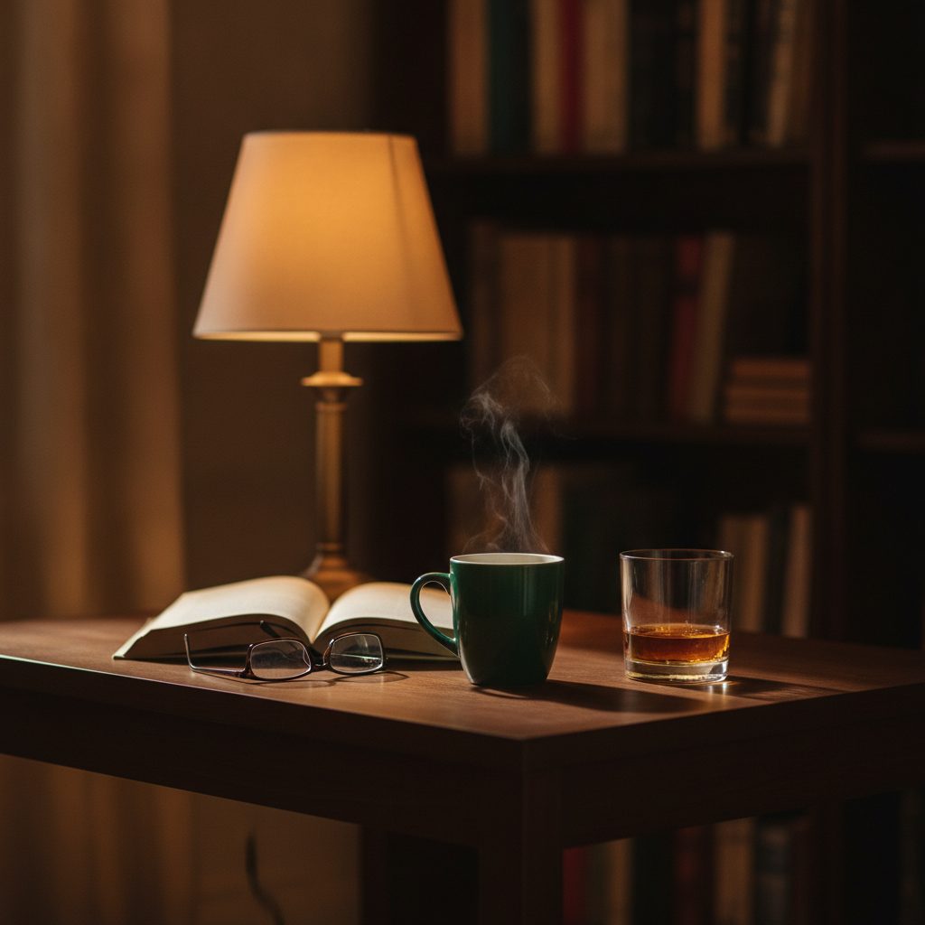 Xícara de café, livro aberto e copo de whisky numa mesa de madeira à meia-luz